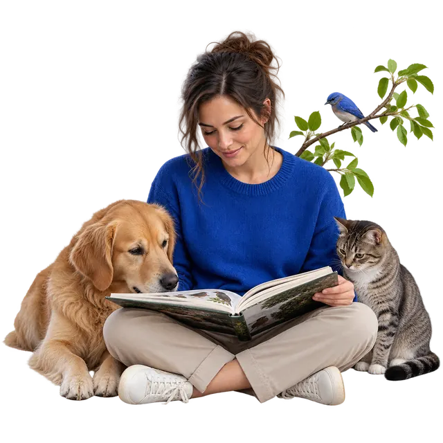 Woman reading an animal book with a dog and cat