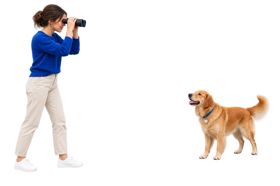 Woman using binoculars to search for a golden retriever